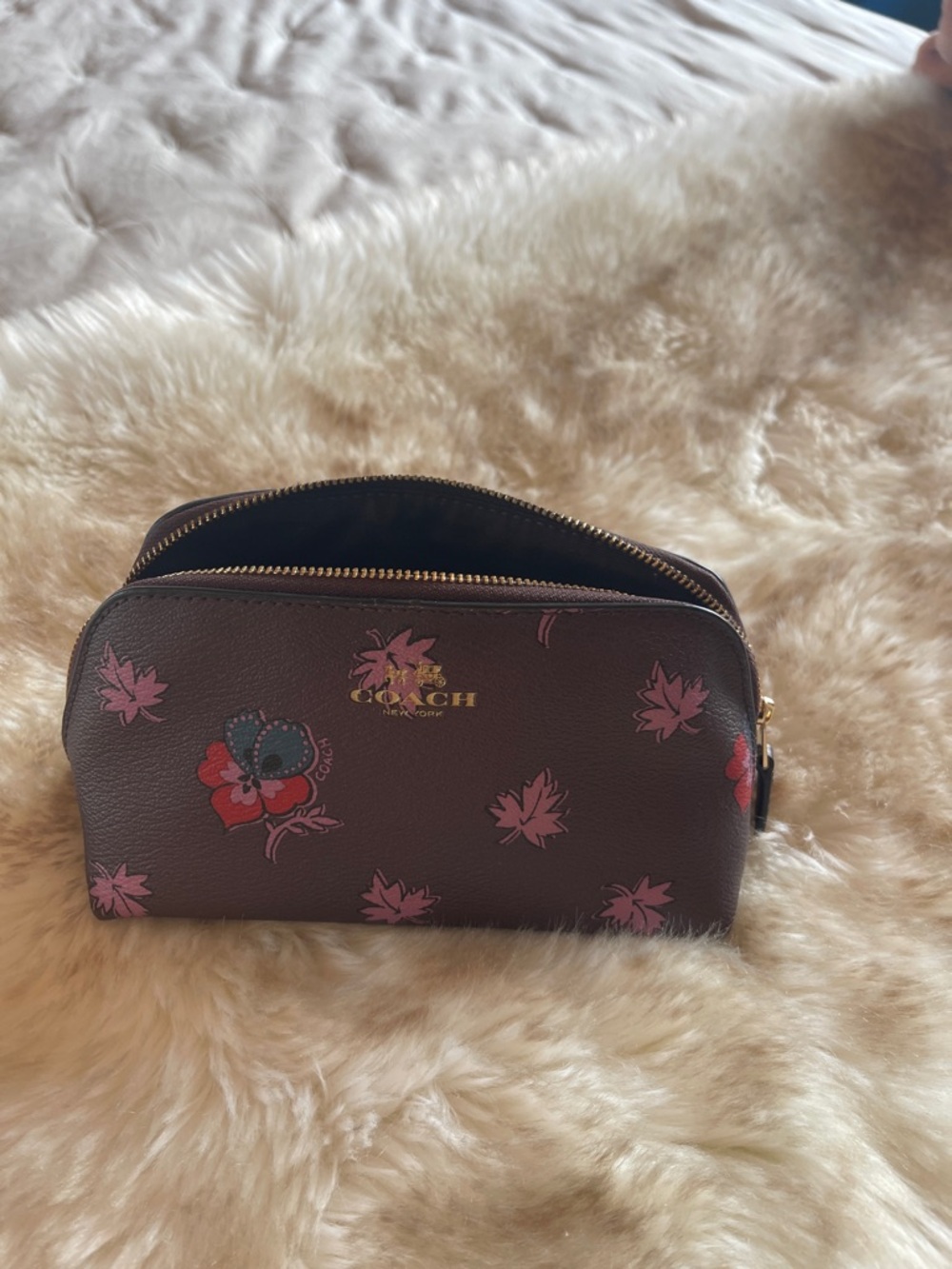 Coach Dark Brown Floral Zip Cosmetic Pouch with Pink Accents - Picture 6 of 7